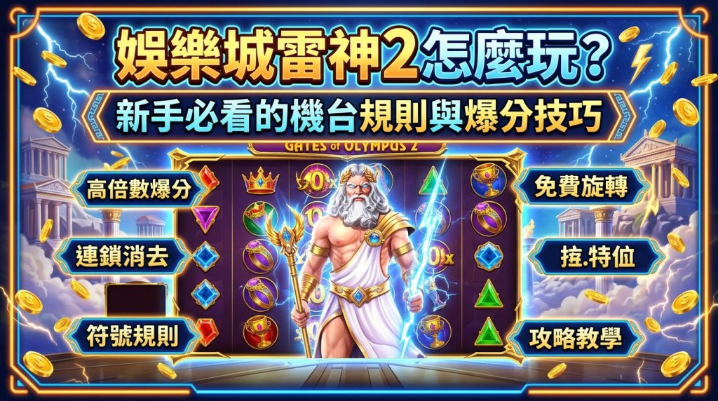 這張圖片展示了「雷神2」老虎機的華麗遊戲介面,中央有威武的神話角色與閃電特效,並搭配醒目的繁體中文大標題。 畫面兩側清晰列出了「高倍數爆分」、「免費旋轉」及「攻略教學」等重點提示,完美呈現新手必看的機台規則與爆分技巧主題。