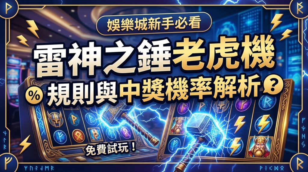 這張圖片以華麗的線上賭場為背景,展現結合北歐神話雷神之鎚與閃電元素的電子老虎機介面。 畫面中央設計了搶眼的繁體中文標題「娛樂城新手必看:雷神之錘老虎機規則與中獎機率解析」,充滿震撼的視覺吸引力。