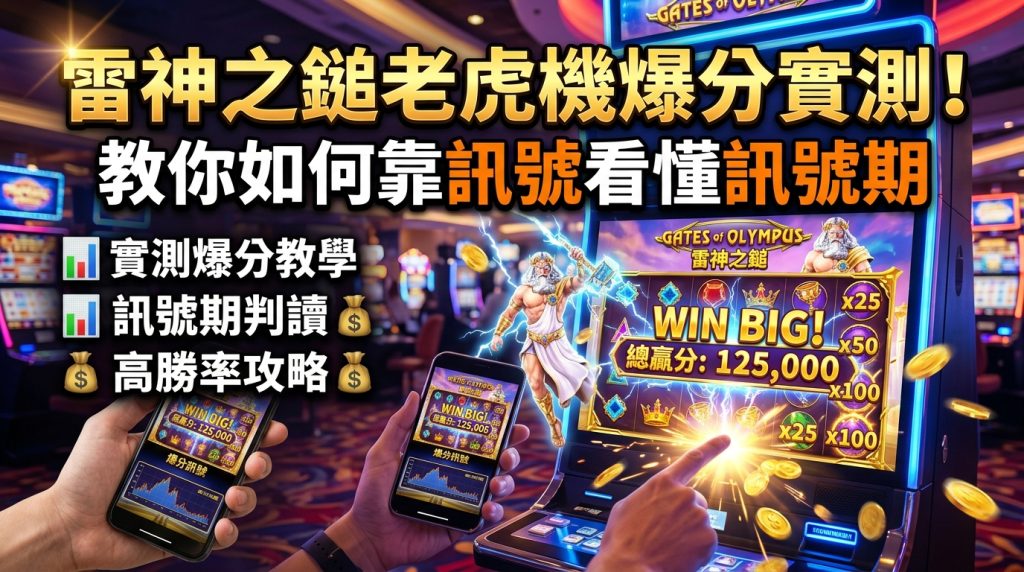 一張16:9的《雷神之鎚》老虎機實測文章封面圖，以閃電特效與爆金幣的絢麗畫面營造勝率與爆分感。 圖片融合手機與機台操作畫面，並標註「實測爆分教學」、「訊號期判讀」等醒目的繁體中文標題。