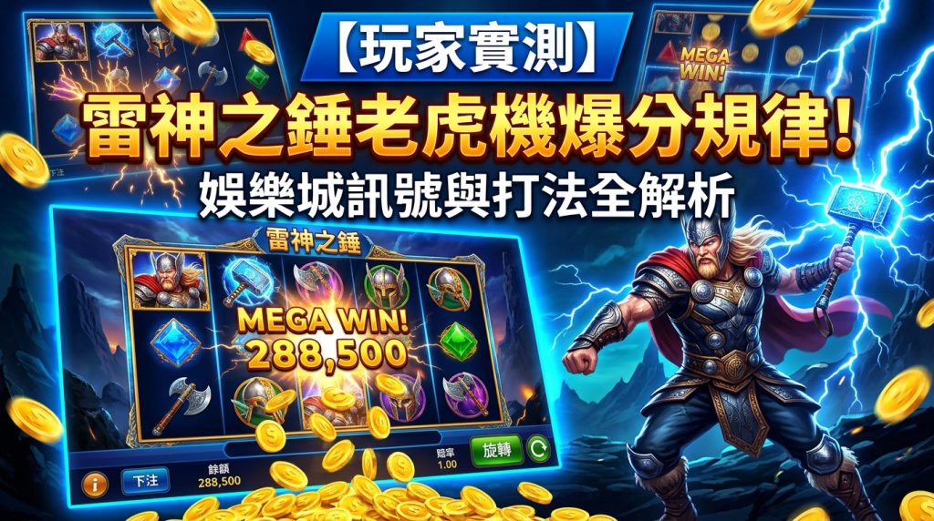 一張16:9比例的部落格文章縮圖，畫面右側有發光的雷神索爾手持戰錘，左側則展示老虎機遊戲介面與累積的金幣。 圖片上方印有醒目的繁體中文標題：「【玩家實測】雷神之錘老虎機爆分規律！娛樂城訊號與打法全解析」。