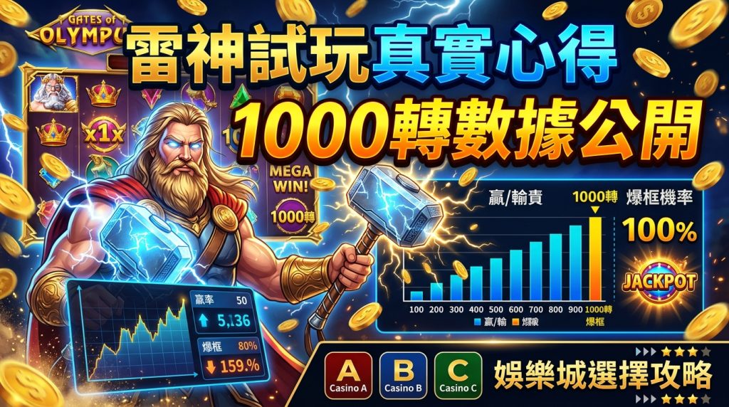 這是一張針對線上老虎機主題設計的 16:9 文章首圖，畫面以滿滿的金幣與閃電效果營造出震撼的視覺衝擊。 圖中結合了希臘神話雷神、老虎機爆框數據圖表與娛樂城評比選單，並標註著「雷神試玩真實心得」與「1000轉數據公開」等繁體中文大字。