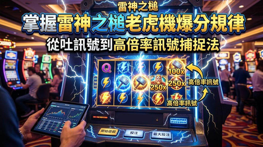這張圖片呈現一台閃耀著藍色閃電的「雷神之槌」老虎機，機台畫面上顯示著高倍率符號與雷神鐵鎚。 上方印有大型繁體中文標題「掌握雷神之槌老虎機爆分規律：從吐訊號到高倍率訊號捕捉法」，整體營造出科技與遊戲策略感。