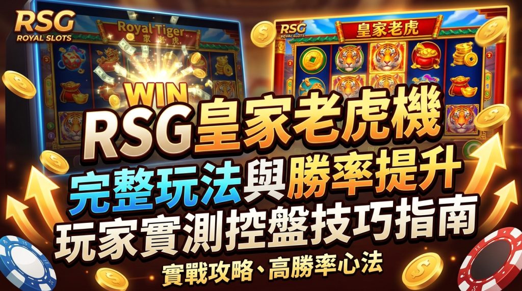這張圖片是以奢華的金紅色調打造的「RSG皇家老虎機」文章縮圖，背景呈現精美的遊戲介面與金幣。 畫面上方標示著「RSG皇家老虎機」，下方則以清晰的大字寫著「完整玩法與勝率提升：玩家實測控盤技巧指南」。